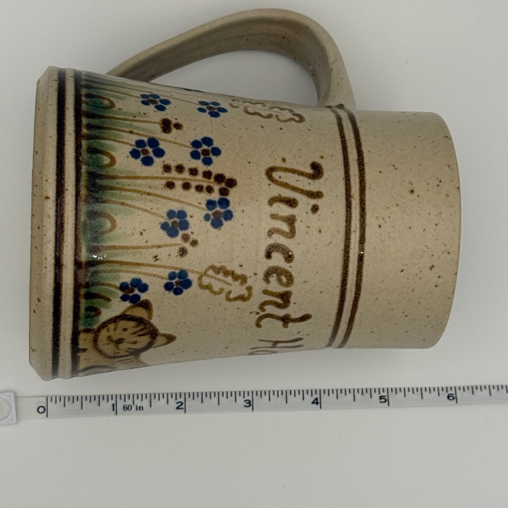 Artisan Personalized Vincent Hartmann Stoneware Mug Cat & Blue Wildflowers 5.25" - Picture 11 of 11